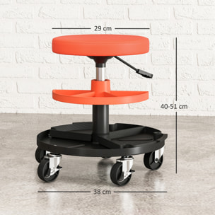 Tabouret d'atelier mobile - tabouret de mécanicien - pivotant réglable H.40-51 cm, 2 plateaux outils - terre de sienne