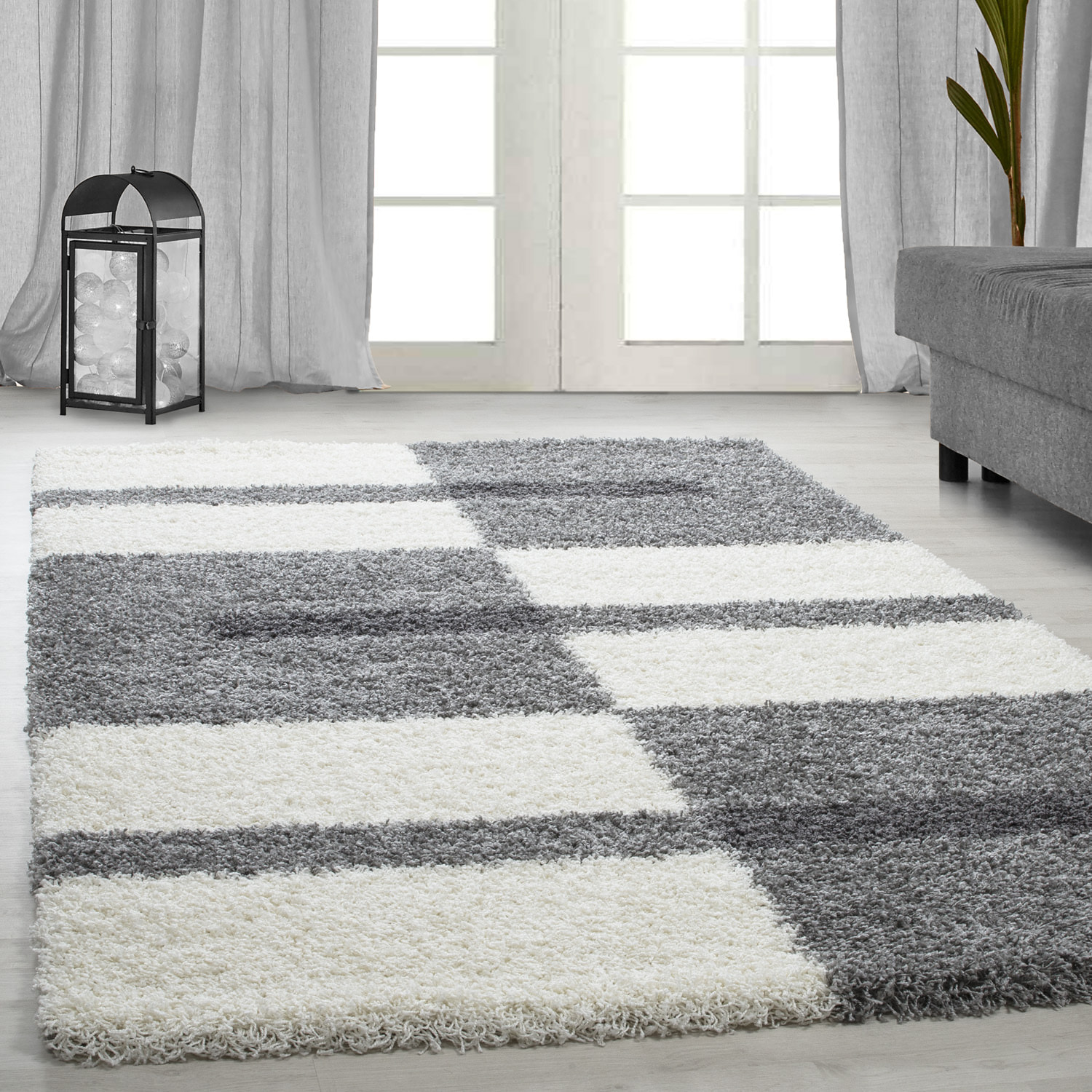 GALA - Tapis shaggy à poils longs motif géométrique gris clair