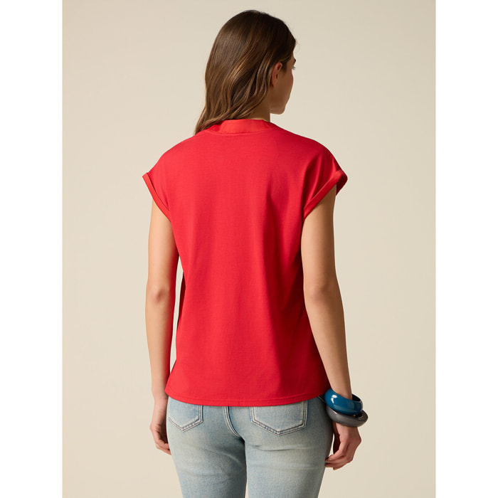 Oltre - T-shirt bimaterica scollo a V - Rosso