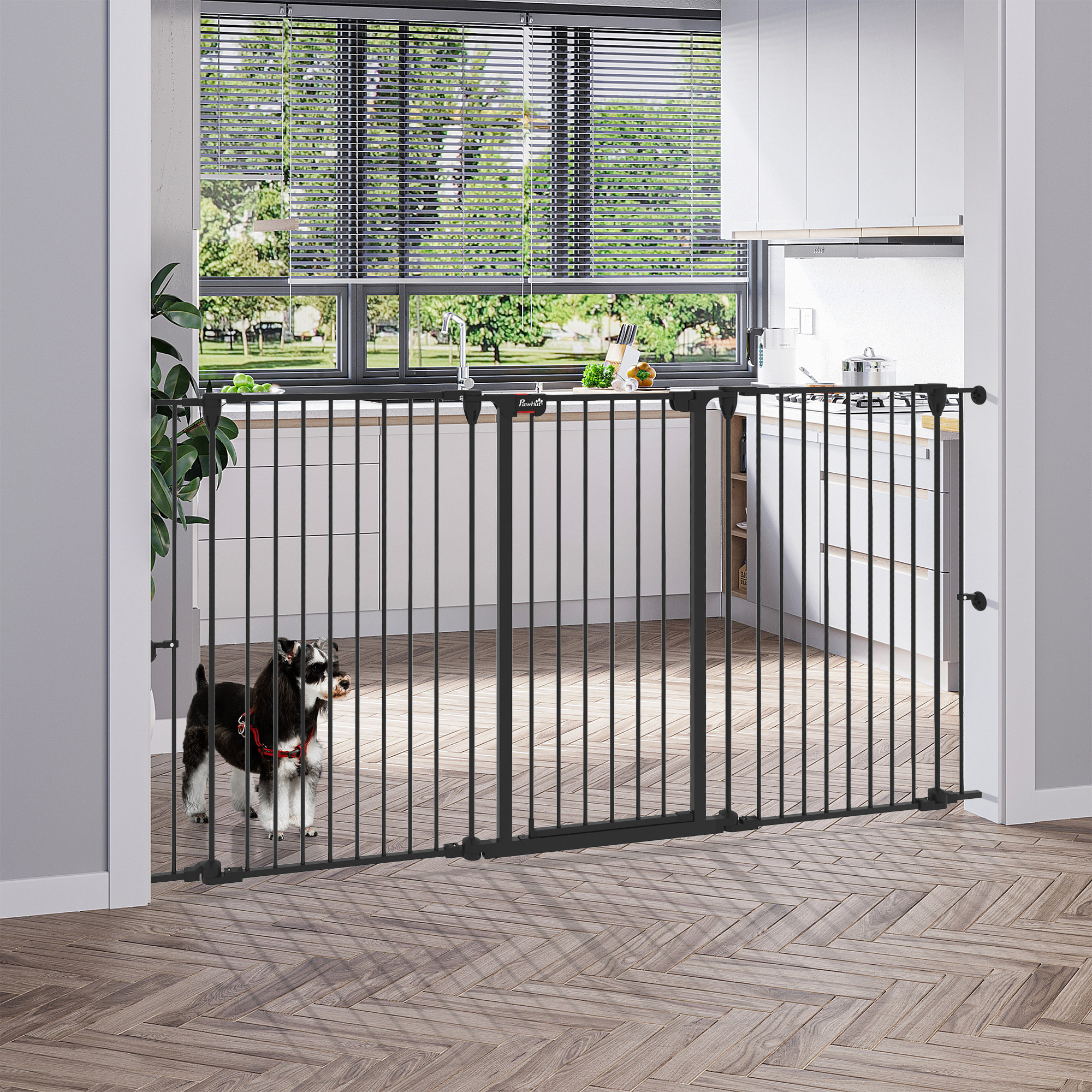 Barrera para Perros de Acero Valla para Mascotas Plegable de 3 Paneles con Doble Cerradura y Función de Bloqueo Auxiliar para Puerta Pasillo Escalera 206x90 cm Negro