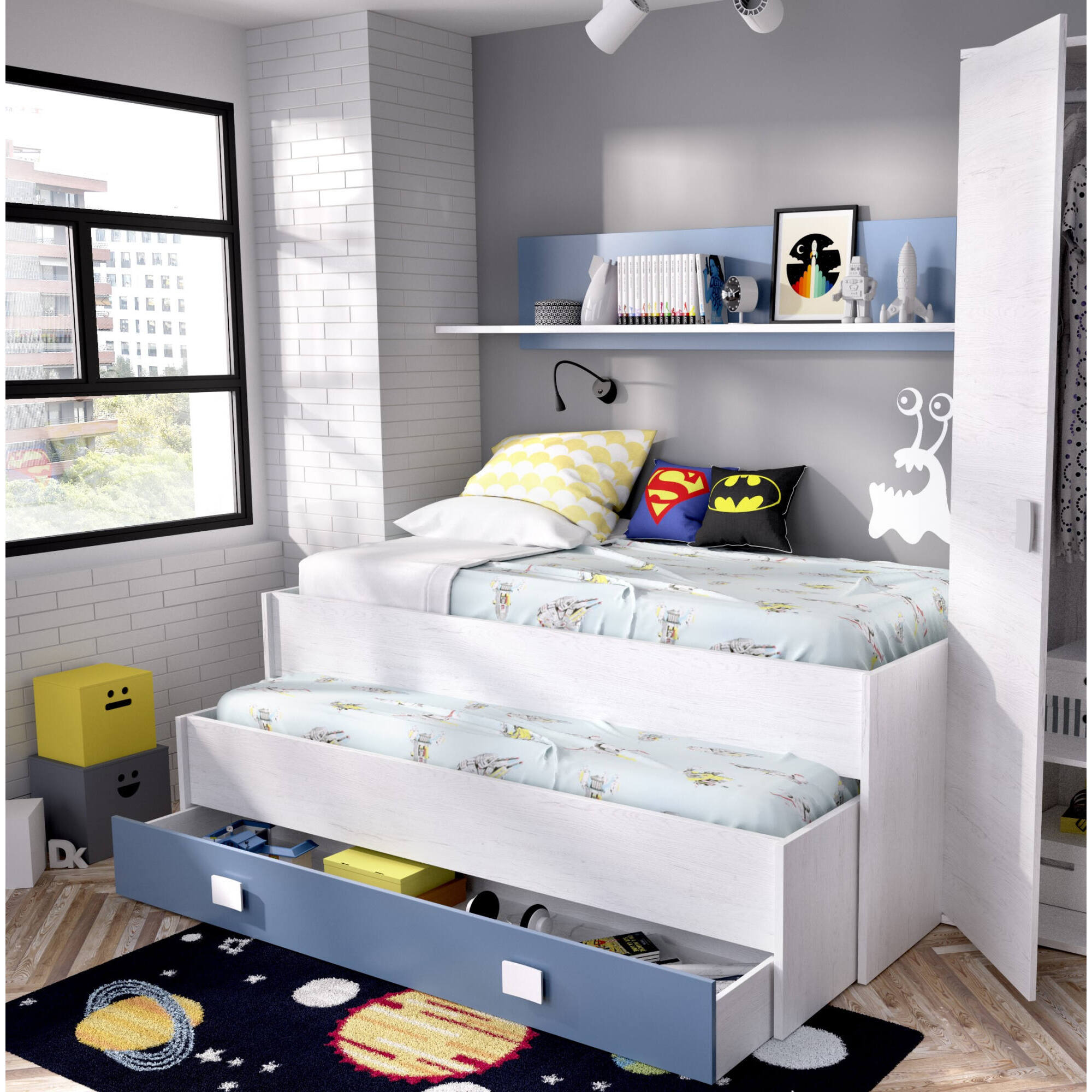 Letto per bambini Ortles, Struttura con secondo lettino estraibile, Letto singolo per cameretta con 1 cassettone e mensola, 200x99h74 cm, Bianco e Blu