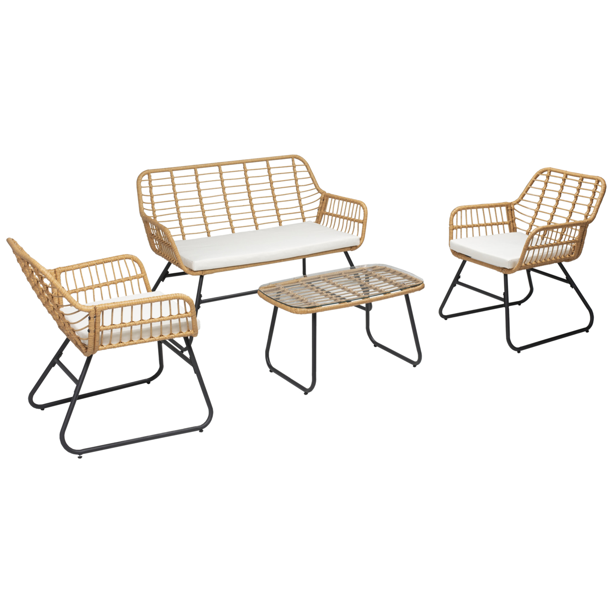Salon de jardin TIGA en résine tressée 4 places - coussins crème