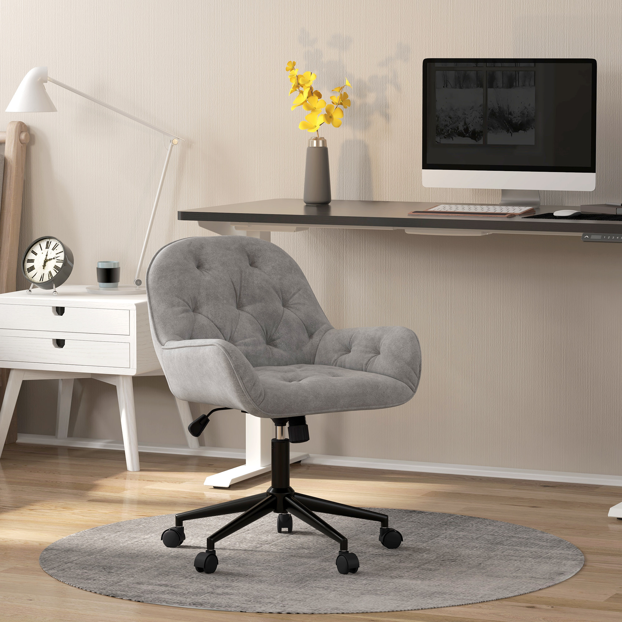 Chaise de bureau velours design Chesterfield effet capitonné piètement métal noir gris