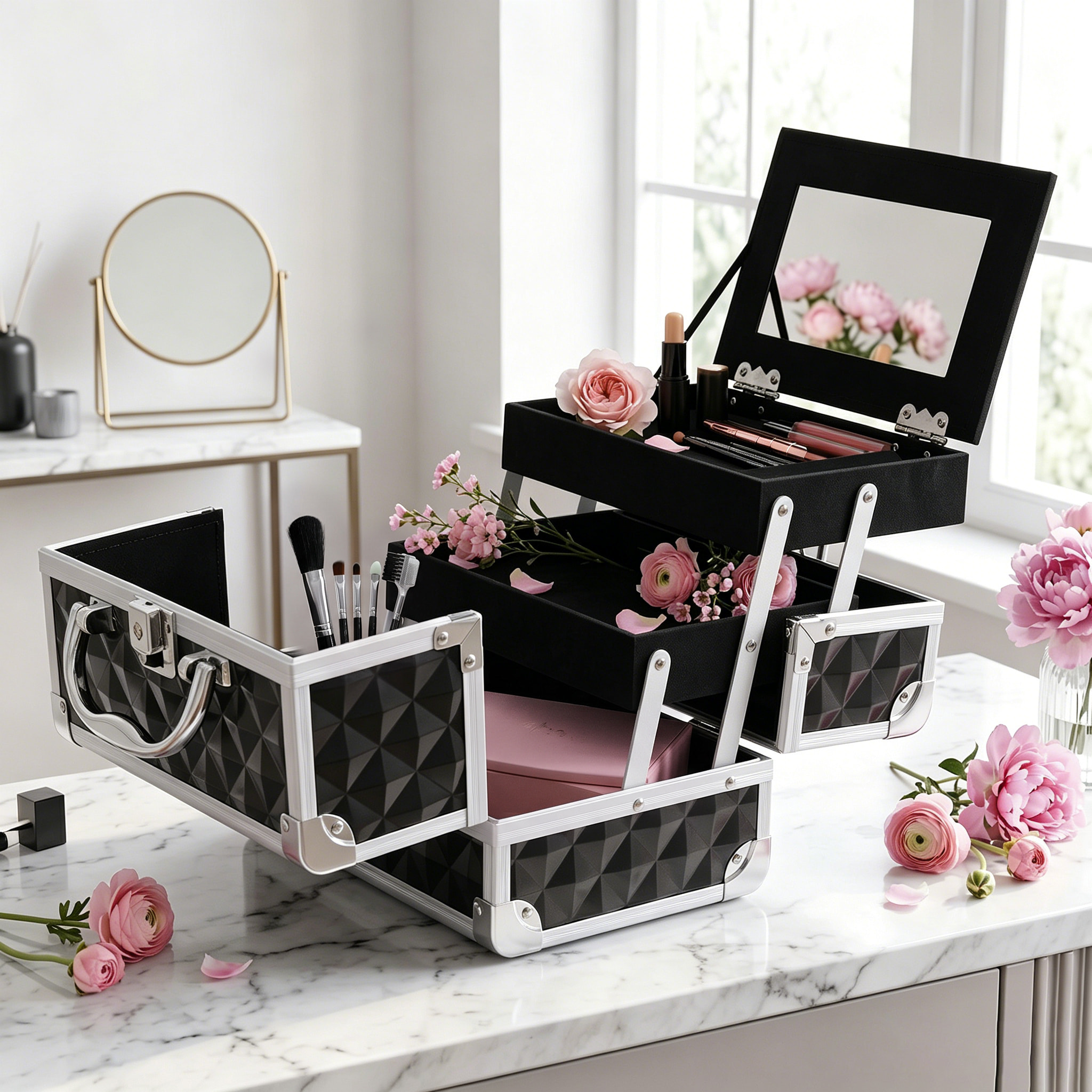 Maletín de Maquillaje Organizador Cosméticos Profesional Estuche de Maquillaje Caja de Belleza Portátil Con Espejo Cerradura Varios Compartimientos 20x15x15cm Aluminio Negro