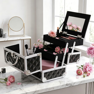 Maletín de Maquillaje Organizador Cosméticos Profesional Estuche de Maquillaje Caja de Belleza Portátil Con Espejo Cerradura Varios Compartimientos 20x15x15cm Aluminio Negro