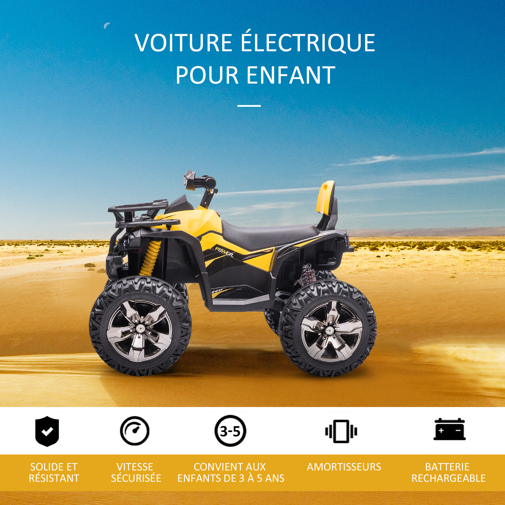 Voiture 4x4 quad buggy électrique enfant 12 V 5 Km/h max. effets lumineux sonores selle avec dossier porte-bagage avant métal PP jaune noir