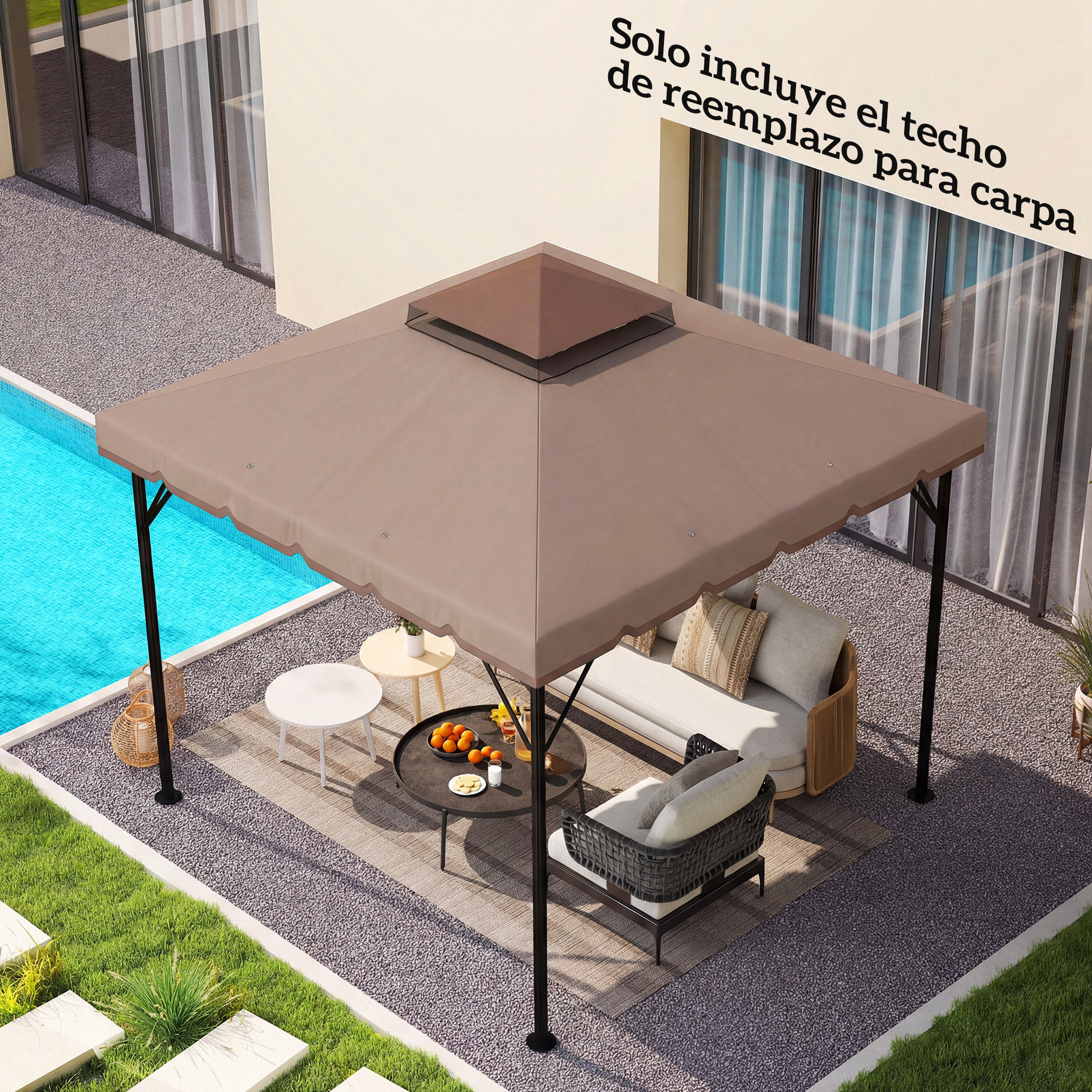 Techo de Repuesto para Cenador, 3x3 m, Cubierta de Repuesto con Techo Doble, 8 Orificios de Drenaje y Protección UPF 30+, SOLO Toldo de Recambio para Pabellón Gazebo, Caqui