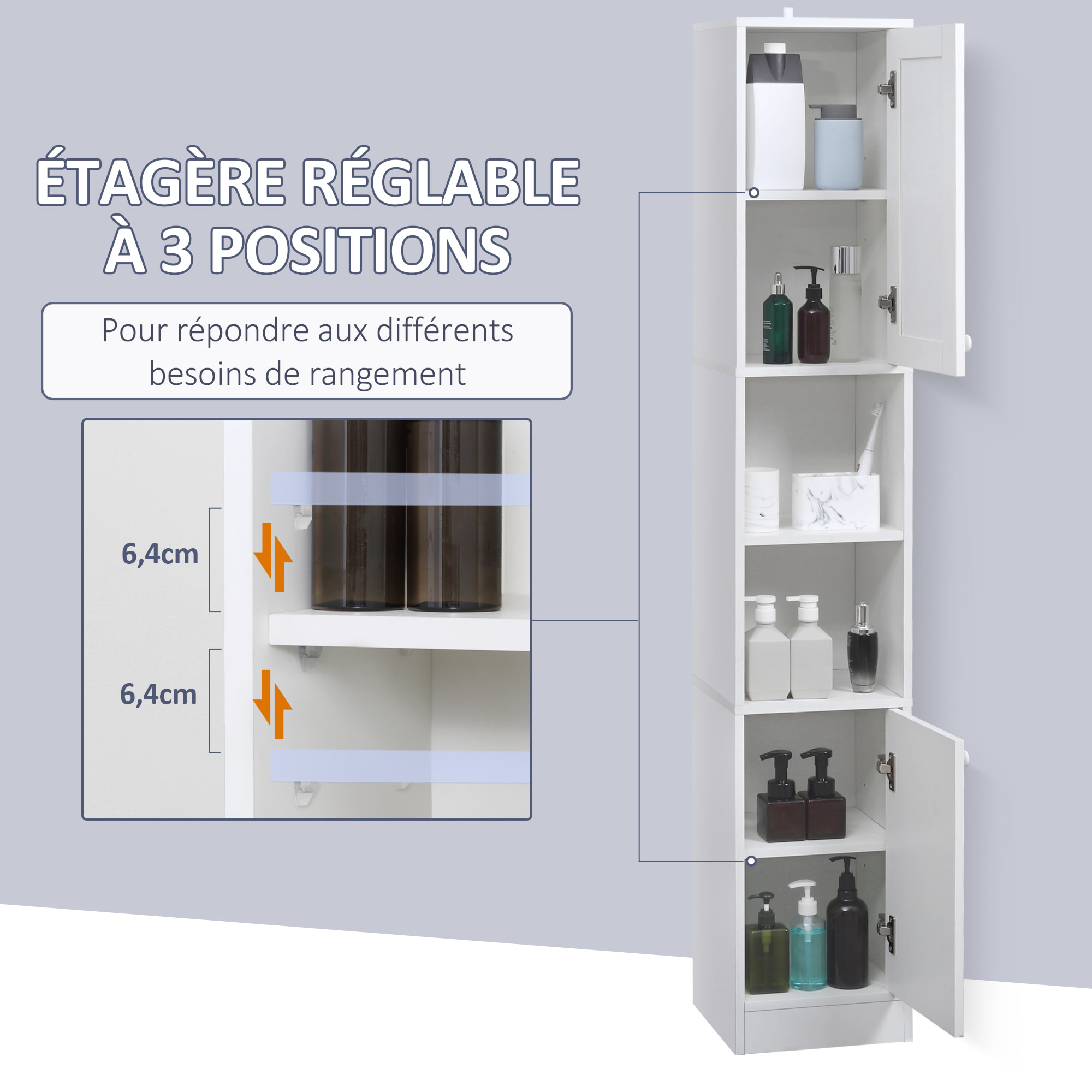 Meuble colonne de salle de bain 2 portes avec étagères réglables 2 niches miroir panneaux particules blanc