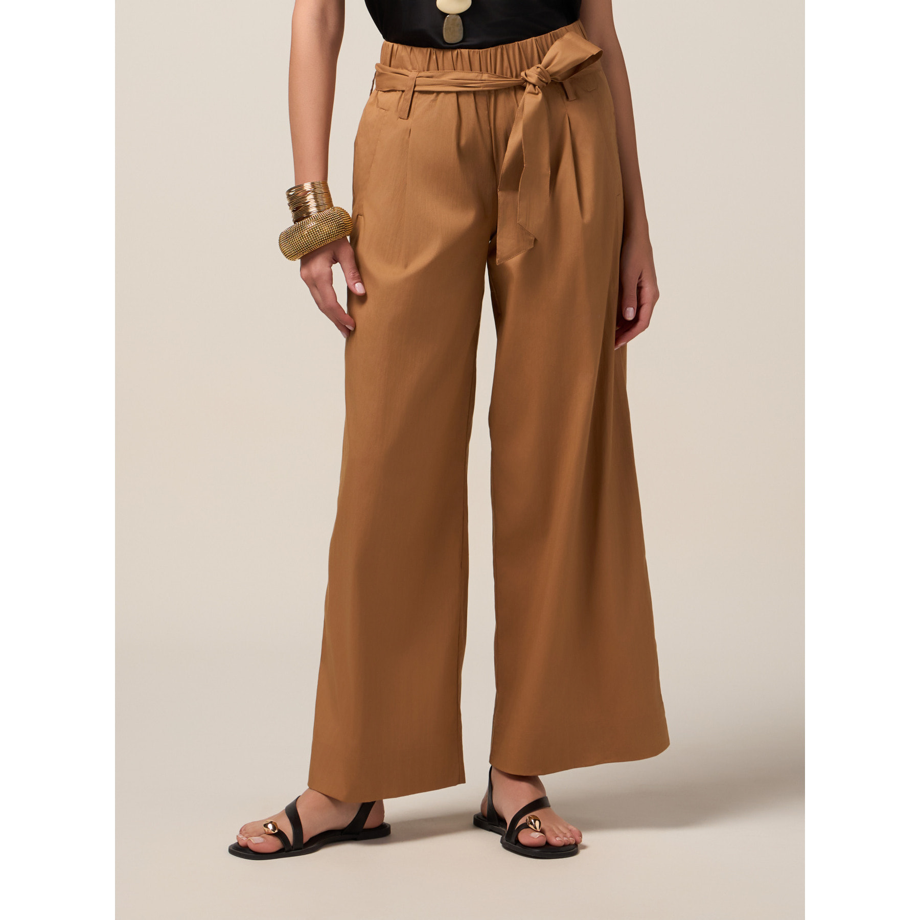 Oltre - Pantalones palazzo de mezcla de algodón - Marrón