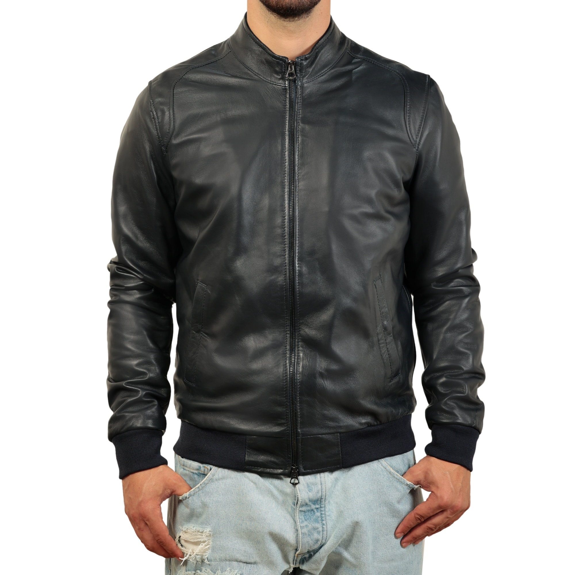 Giubbino in vera pelle di vitello foderato con trapunta invernale Blu-Slim Fit