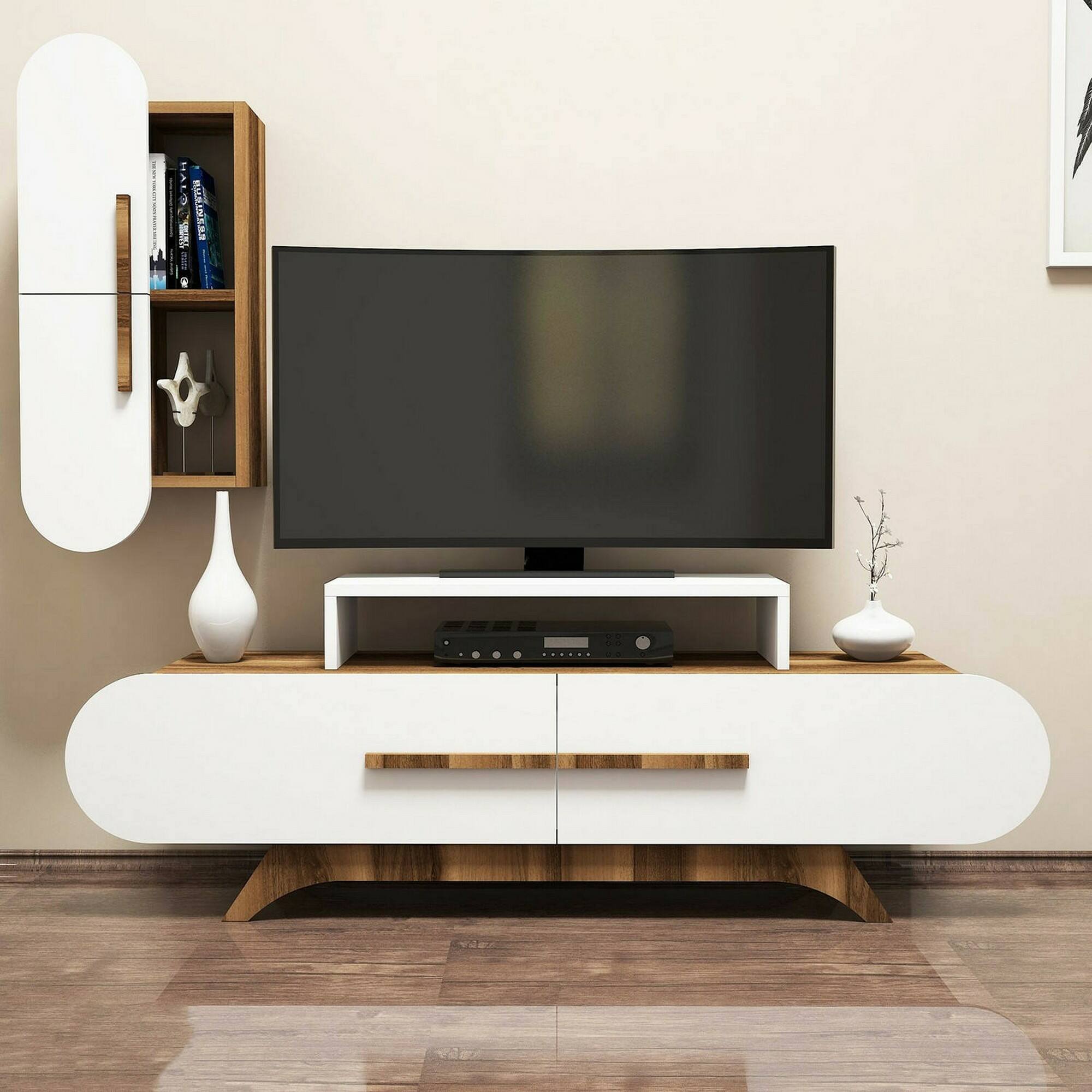 Parete attrezzata Dpiccol, Composizione soggiorno, Mobile salotto multiuso, Armadio porta TV, 145x37h50 cm, Noce e Bianco