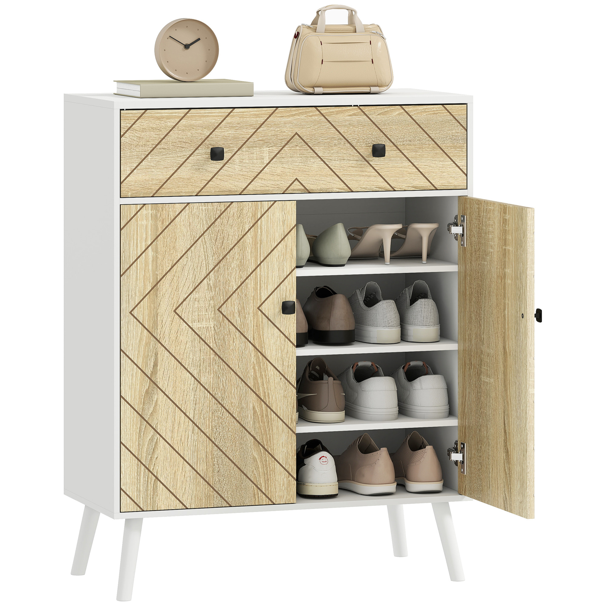 Zapatero de 2 Puertas en Espiga, Zapatero Entrada Recibidor con Estantes Ajustables, Cajón, para 12 Pares de Zapatos, 75x35x97 cm, Blanco y Natural