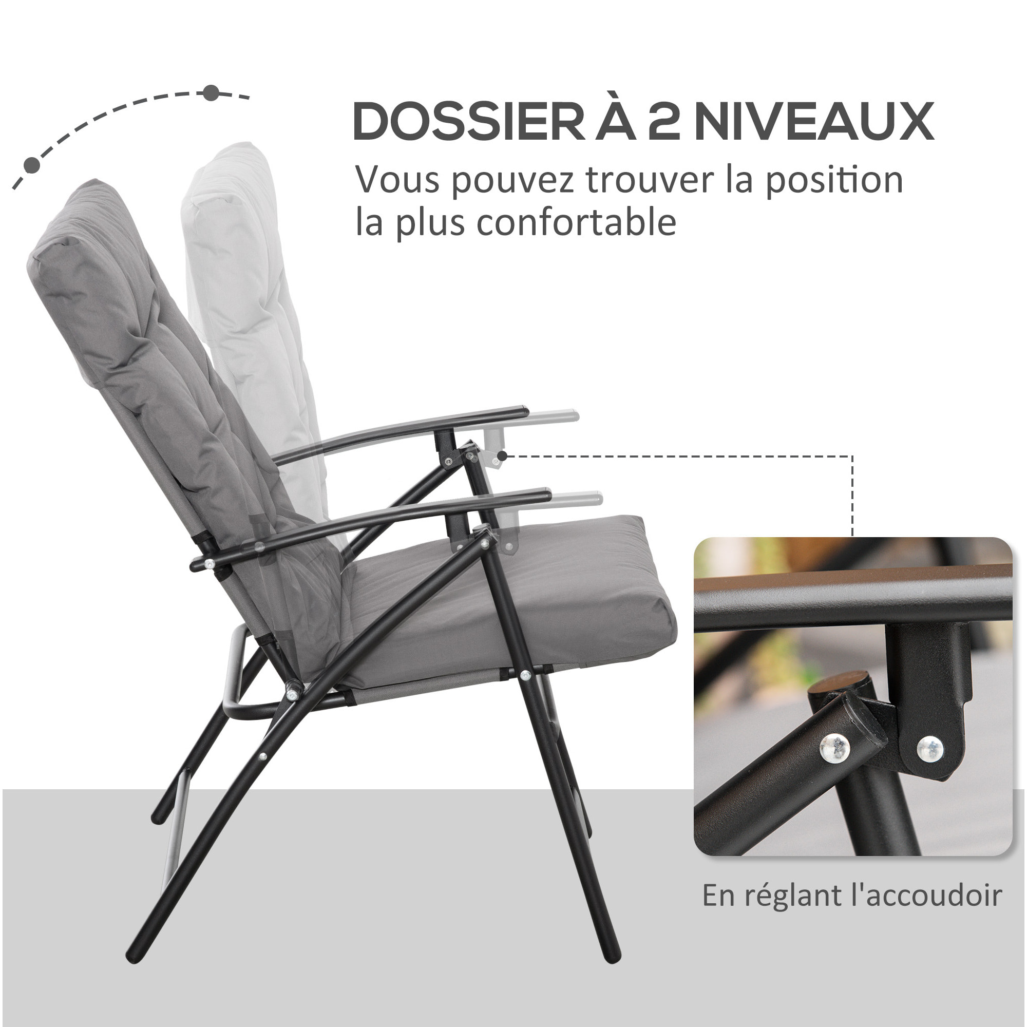 Chaise de camping pêche pliable portable haut dossier inclinable épais coussin matelassé inclus gris