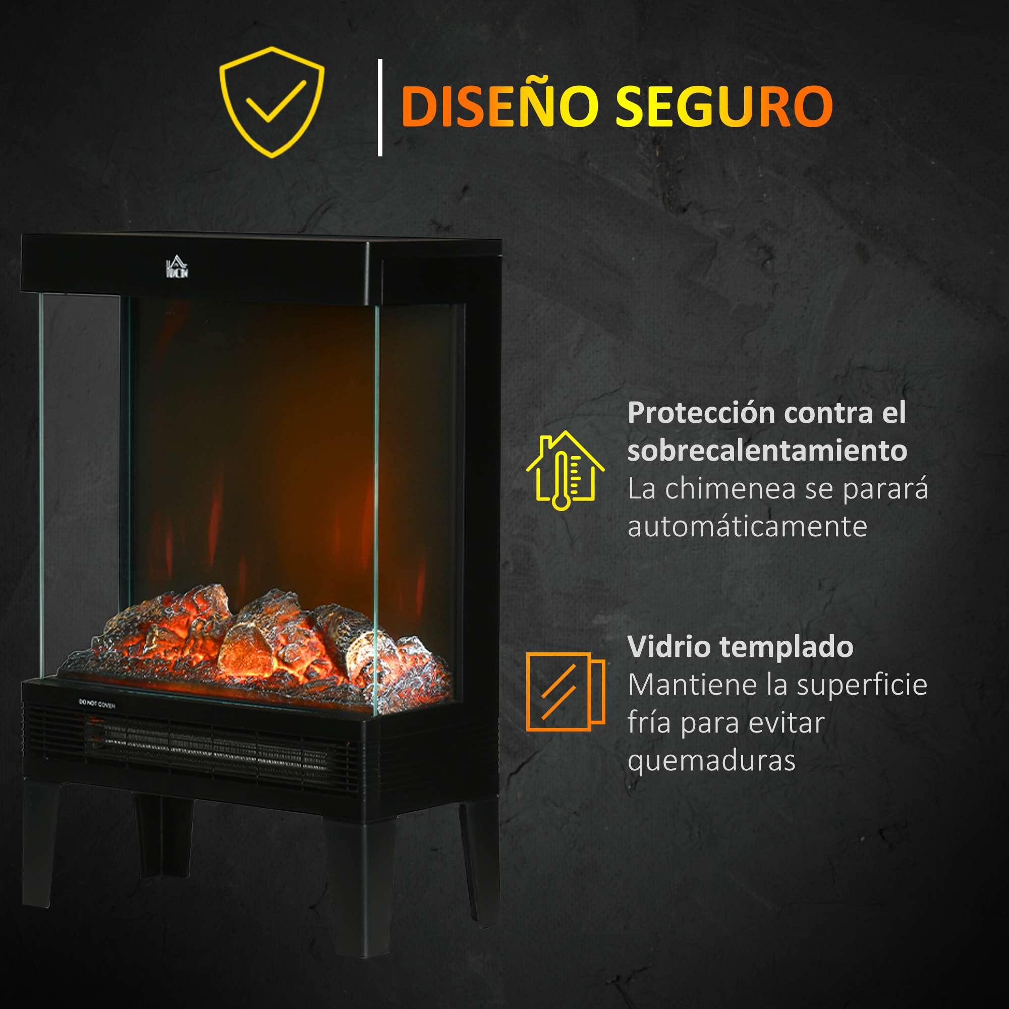 HOMCOM Chimenea Eléctrica 1000W/2000W Calentador de Chimenea con Llama LED Ajustable Termostato y Protección contra Sobrecalentamiento hasta 15-20 m² 40,5x20x62 cm Negro