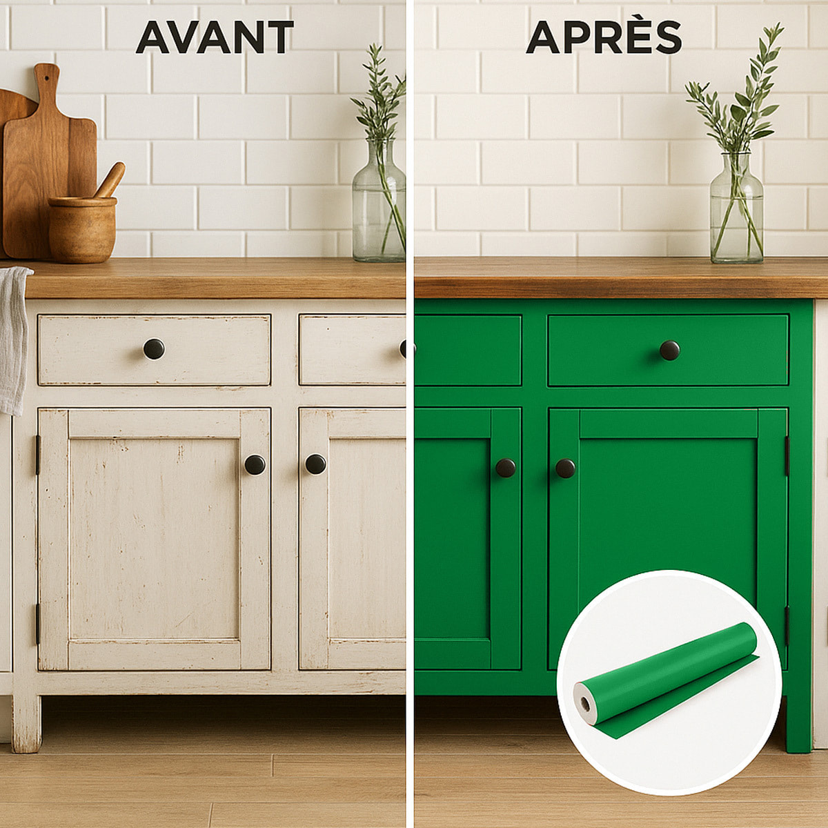 Rouleau adhésif décoratif Vinyle au Mètre - Vert cactus - Sticker Lavable Imperméable Mur Cuisine Meubles