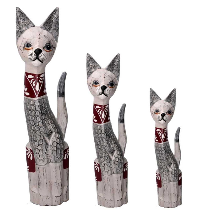Set di 3 gatti in legno grigio cm h60/80/100