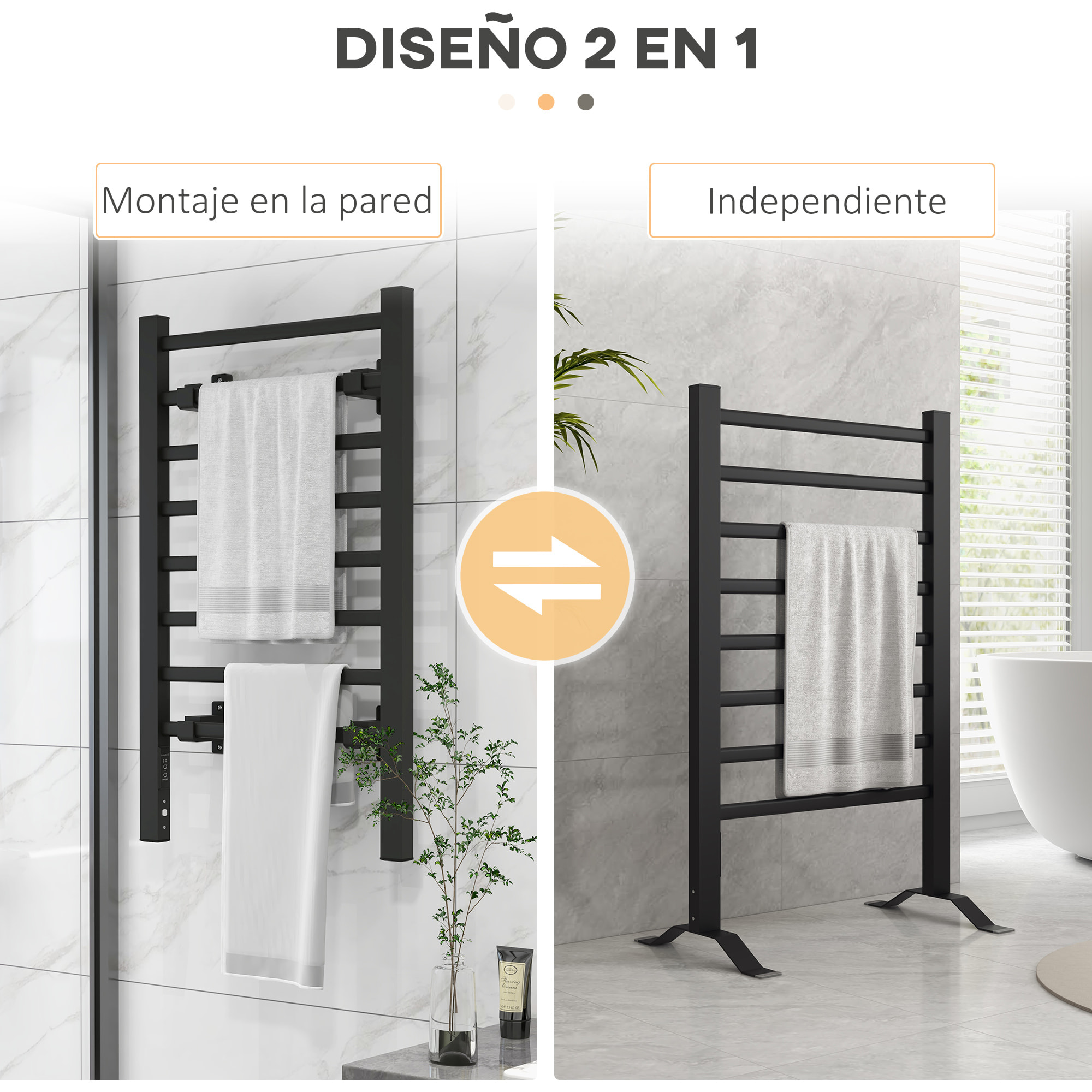 Toallero Eléctrico de Pared o Suelo 150â‚¬Â¯W Calentador de Toallas de Aleación de Aluminio con Función de Temporizador y 8 Barras para Baño 53x35x90 cm Negro