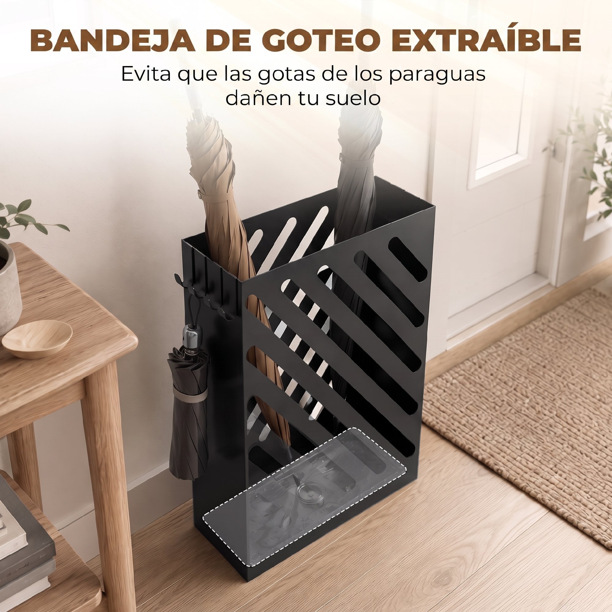 Paragüero de Acero Galvanizado, Soporte de Paraguas Estrecho con Bandeja de Goteo Extraíble, 4 Ganchos, Diseño de Cortes, para Entrada, Pasillo, Oficina, 28x14x41 cm, Negro