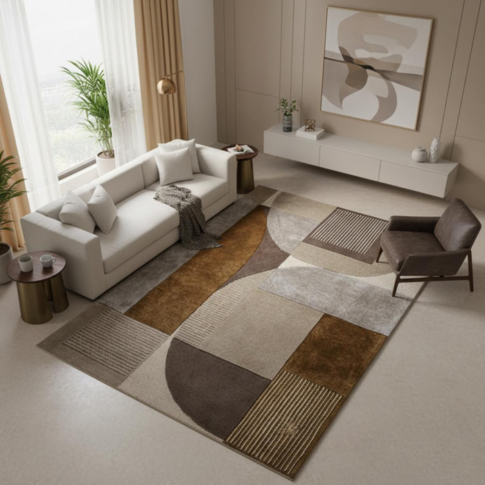 Tapis Salon Géométrique Tufté Main, Laine Noble, YAKA Chaleureux