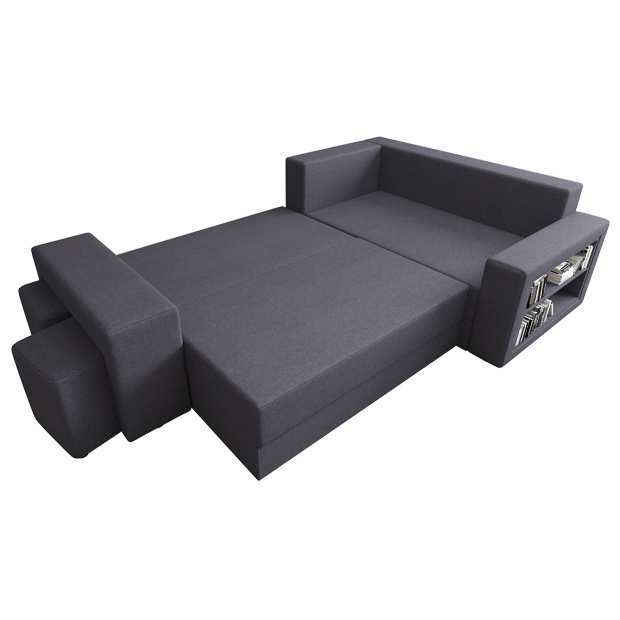 Libbie - Canapé d'angle droit 4 places convertible avec coffre, étagère et poufs en tissu - Gris foncé