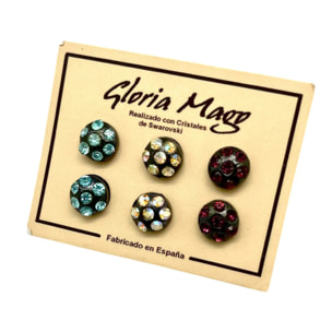 Pack 3 pares pendientes surtido1 botón multicristal SW plata 10µ en negro.