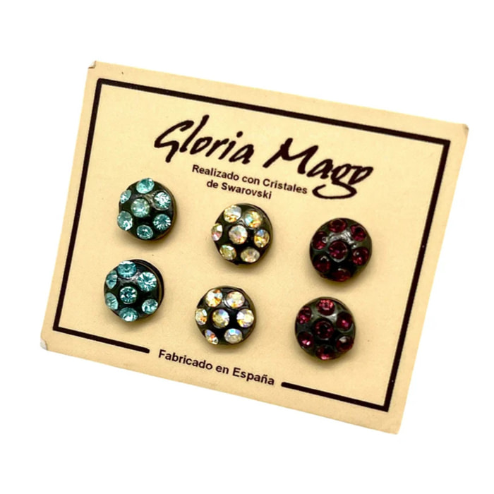 Pack 3 pares pendientes surtido1 botón multicristal SW plata 10µ en negro.