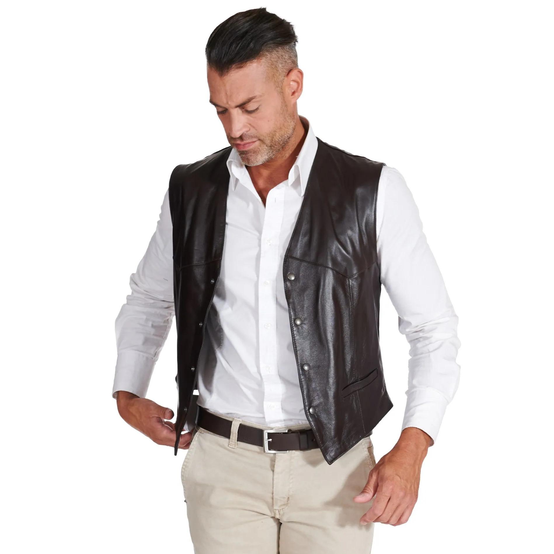 Gilet in pelle naturale testa di moro stile classico