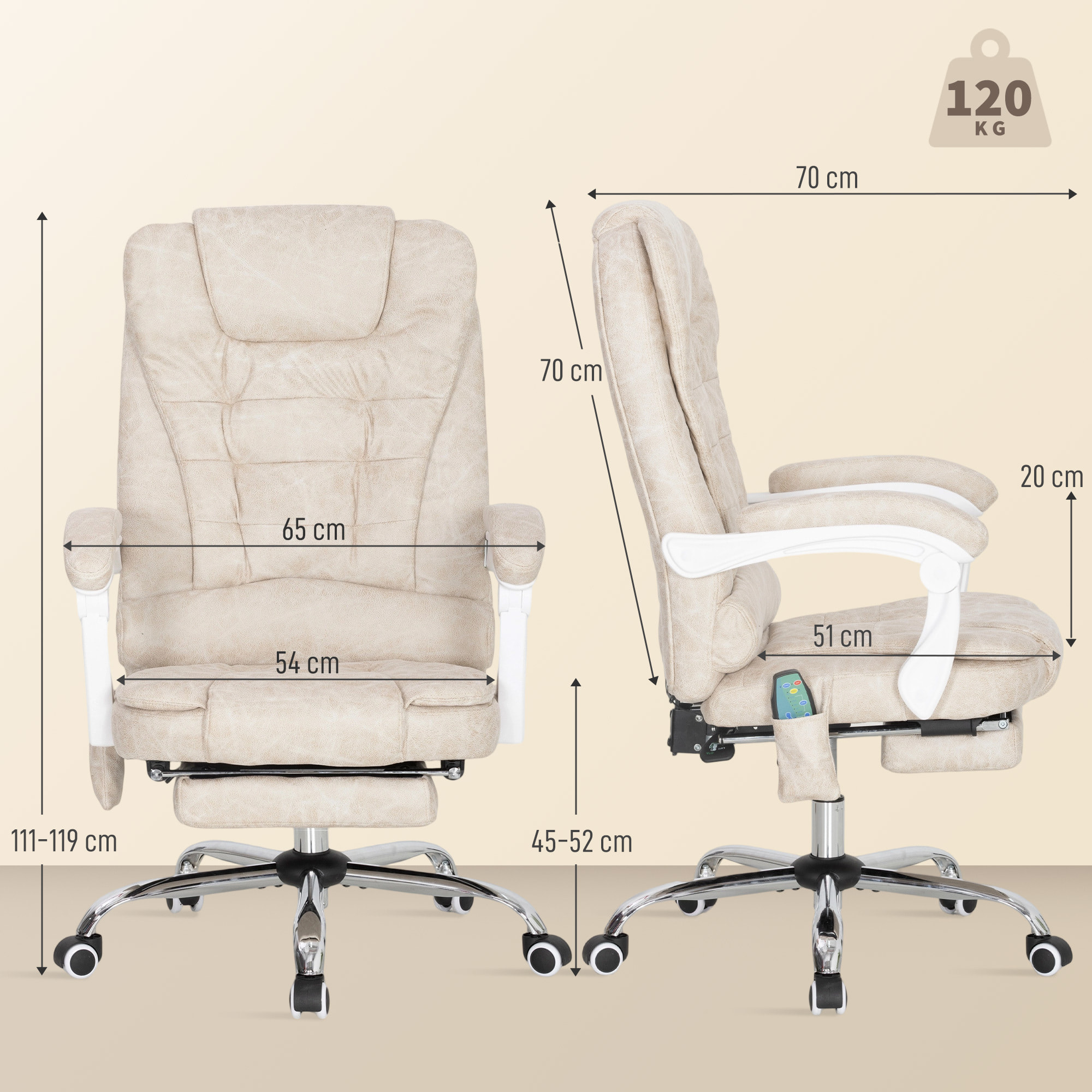 Fauteuil de bureau direction massant chauffant hauteur réglable dossier inclinable tissu beige