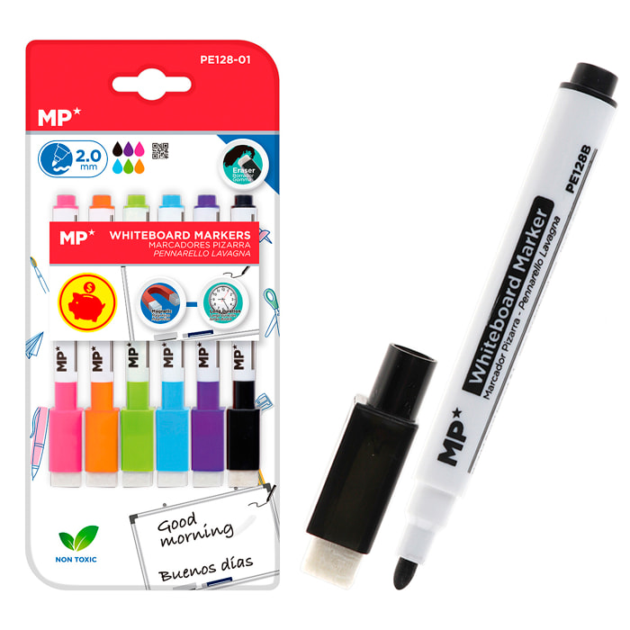 SET MARCADOR DE PIZARRA BORRADOR 6 COLORES