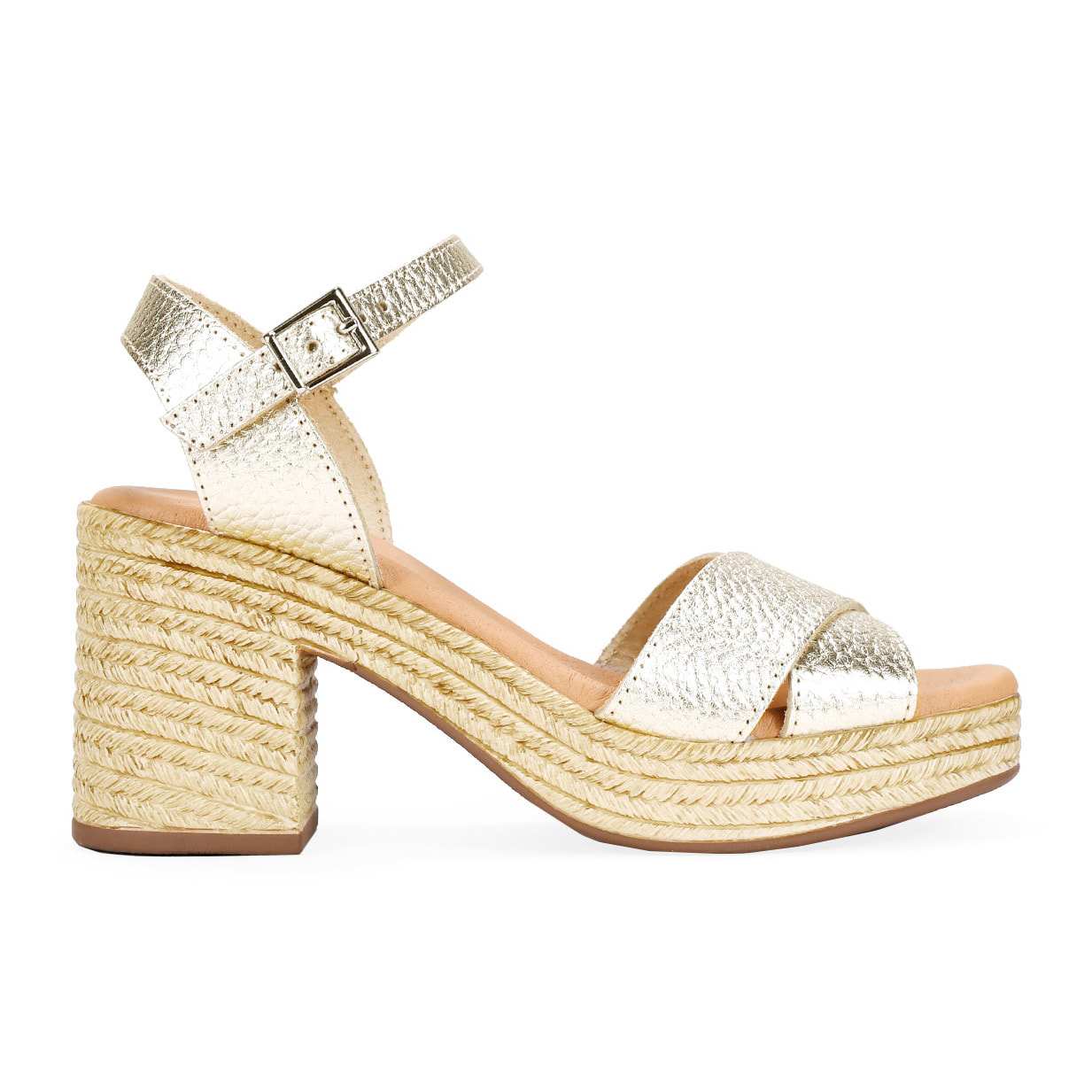 Sandalias de piel doradas con tacón efecto esparto