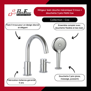 Mitigeur bain douche mécanique 3 trous + douchette 3 jets PAINI Cox