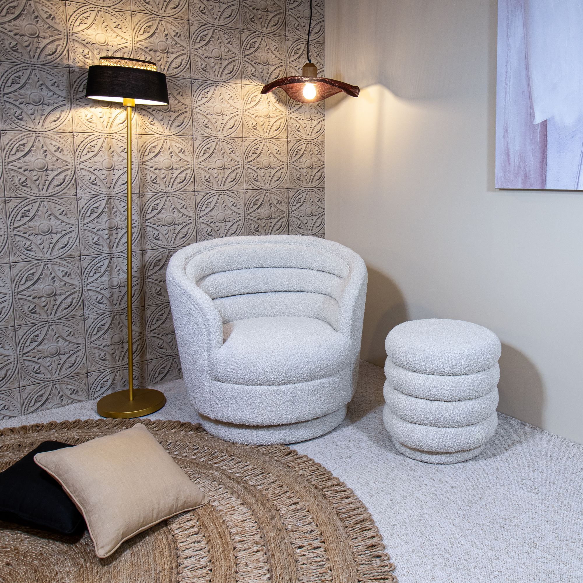 Pouf pivotant tissu en bouclette beige LINUS