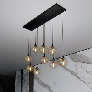 Lampada a sospensione COSMO con nove sfere in vetro ambra e struttura nera