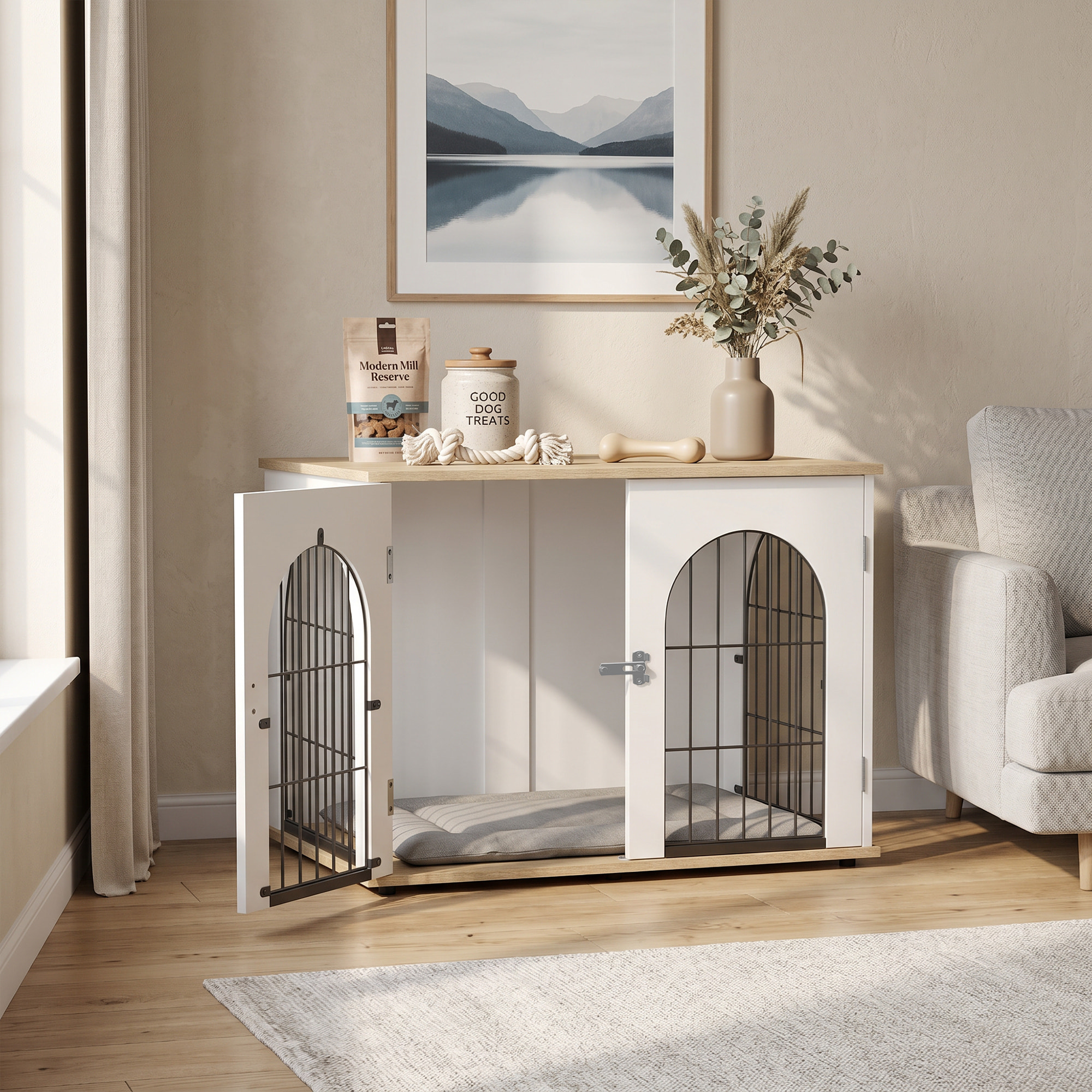 Cage d'intérieur pour chien 80 x 56 x 59 cm 2 portes 2 fenêtres blanc effet bois clair