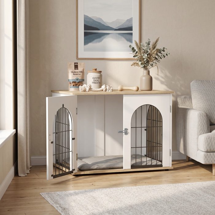 Cage d'intérieur pour chien 80 x 56 x 59 cm 2 portes 2 fenêtres blanc effet bois clair