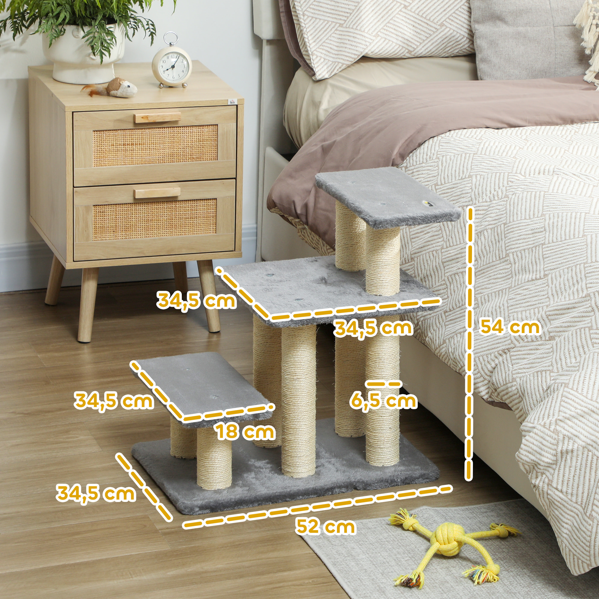Escalera para Gatos de 3 Peldaños, Escalera para Mascotas, Estructura Ajustable, con Postes Rascadores, Bola Colgante, Carga 10 kg, para Cama, Sofá, 52x34,5x54 cm, Gris