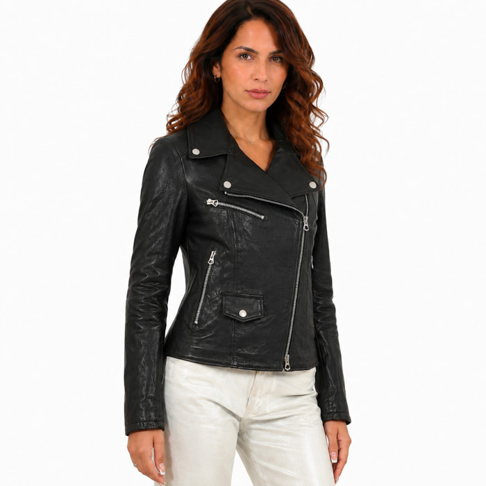 Chiodo donna in pelle di vitello rifinizione vegetale nero