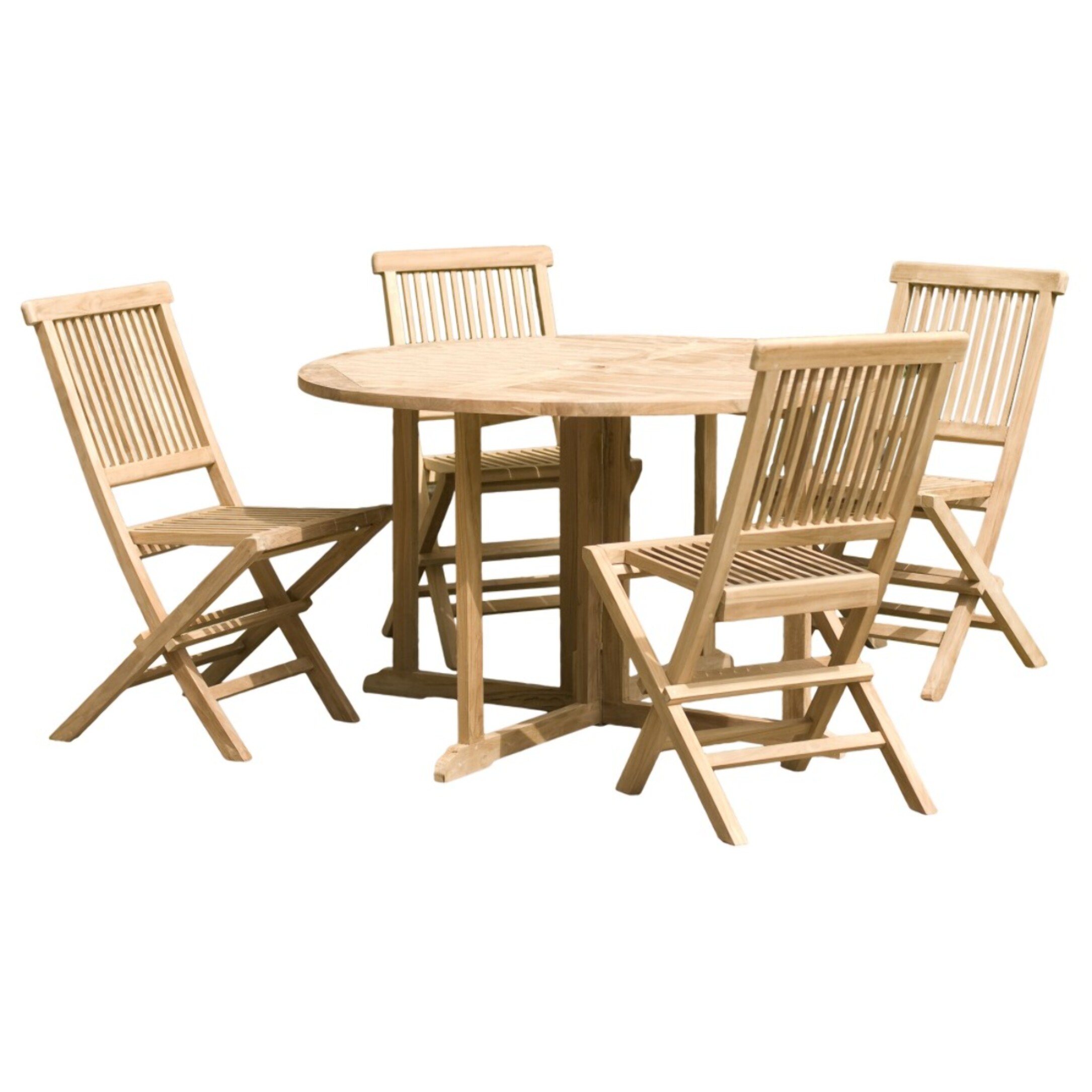 FUN - SALON DE JARDIN EN BOIS TECK 4/6 pers : Ensemble de jardin - 1 Table ronde à rabats papillon diam 120 cm et 4 chaises