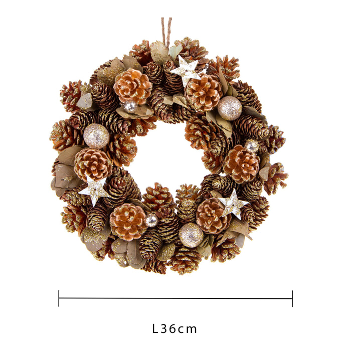 Corona Natale con Stelle e Pigne - Pezzi 1 - Colore Naturale - 36x36Hx9cm - Bianchi Dino