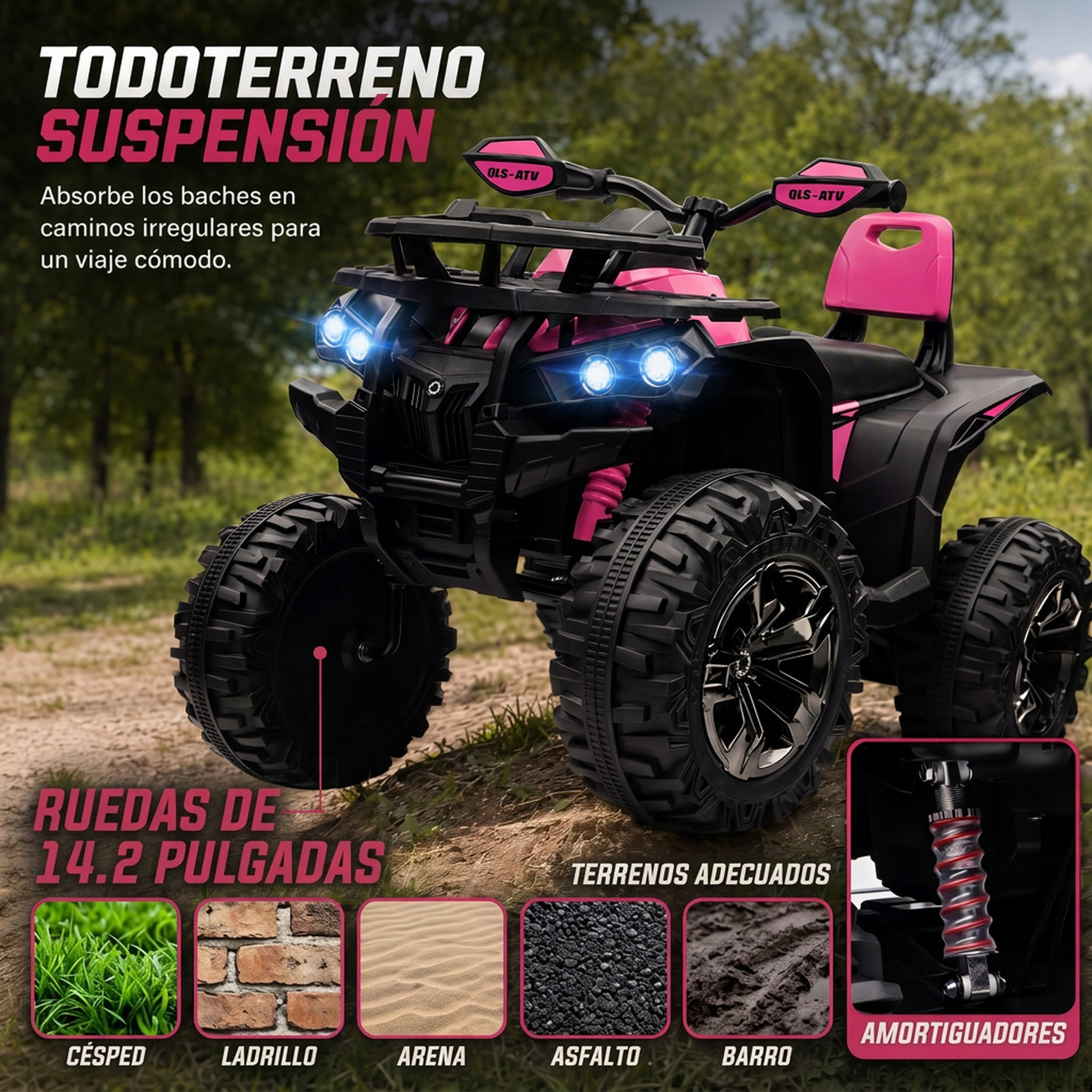 HOMCOM Quad Eléctrico para Niños 12V 10AH, Quad para Niños de 3–5 Años con 2 Motores, Suspensión, Arranque Suave, 3-8 km/h, Música, Faros LED, MP3, USB, Tarjeta TF, Pedal, Avance y Retroceso, Rosa