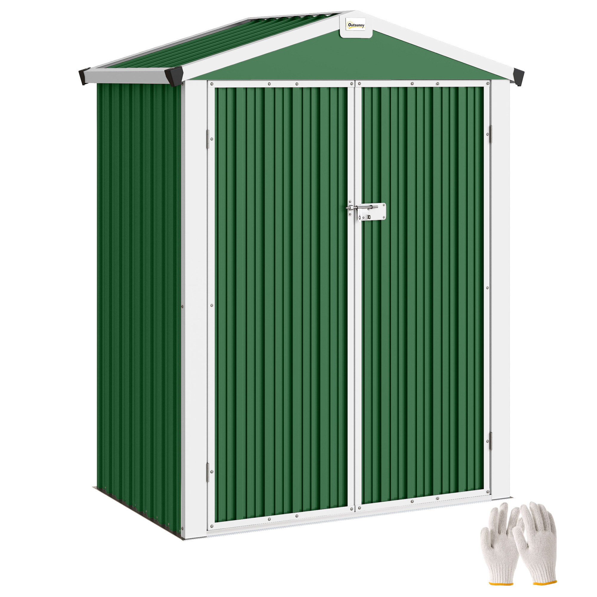 Caseta de Jardín Exterior 1,1 m², 133x87x178 cm, Cobertizo de Jardín Exterior Metálico con Puertas Correderas, Techo Inclinado y Guantes, para Almacenaje de Herramientas Bicicletas, Verde