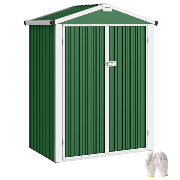 Caseta de Jardín Exterior 1,1 m², 133x87x178 cm, Cobertizo de Jardín Exterior Metálico con Puertas Correderas, Techo Inclinado y Guantes, para Almacenaje de Herramientas Bicicletas, Verde