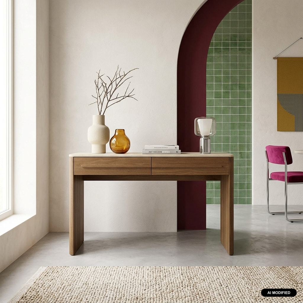 Console décor bois et effet travertin 2 tiroirs 120cm ARETHA