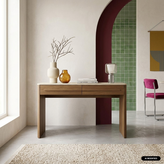 Console décor bois et effet travertin 2 tiroirs 120cm ARETHA