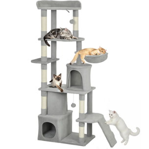 Árbol Rascador para Gatos Grande, Árbol para Gatos, Altura 170 cm, Torre de Escalada con 7 Postes, 1 Túnel, 3 Plataformas, 2 Cuevas, 1 Hamaca, 1 Percha, 1 Rampa, Pompones, Gris Claro