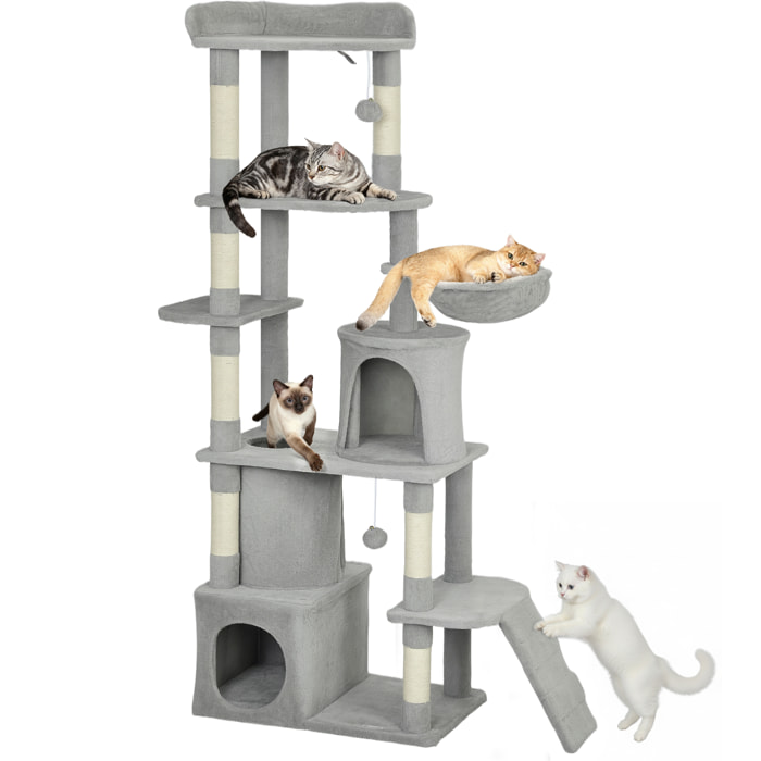Árbol Rascador para Gatos Grande, Árbol para Gatos, Altura 170 cm, Torre de Escalada con 7 Postes, 1 Túnel, 3 Plataformas, 2 Cuevas, 1 Hamaca, 1 Percha, 1 Rampa, Pompones, Gris Claro