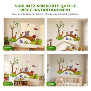 Stickers Muraux décoration adhésifs animaux rigolos sur un pont de bois