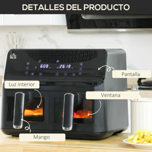 Freidora sin Aceite Doble 8L Freidora de Aire Caliente 2500W con 8 Programas Pantalla LED Táctil Temperatura Ajustable 80-200„ƒ Temporizador y Cesta Antiadherente 38,5x38x30,5 cm Negro