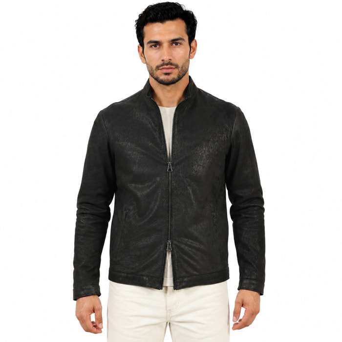 Giubbino in pelle di vitello rifinizione dakota Nero-Slim Fit