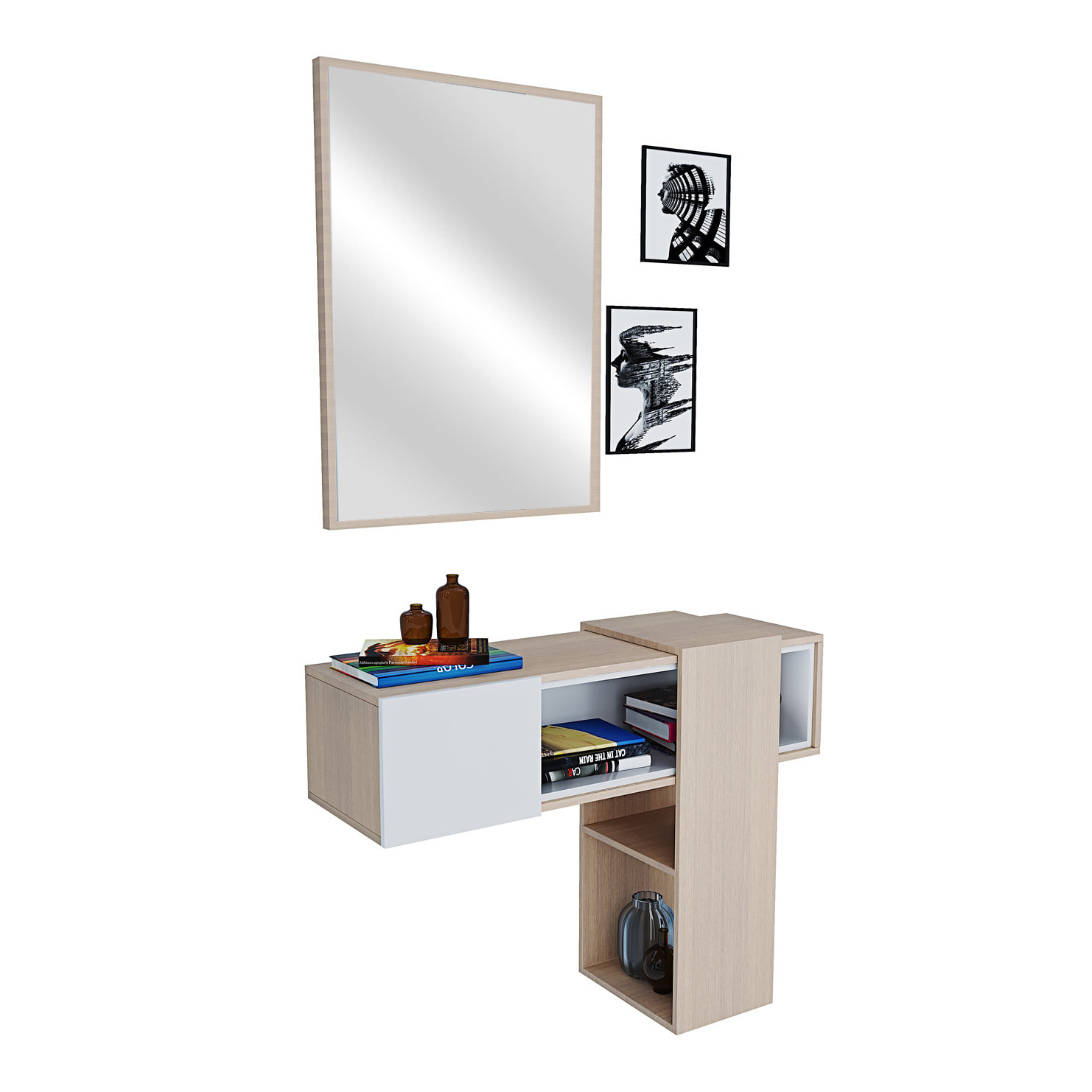 Mobile Danzica Mobiletto da Ingresso Mensola Sospesa con Specchio E Ripiani Scorrevole Arredo Arredamento Sala 100 x 31.5 x 75 cm Bianco e Rovere